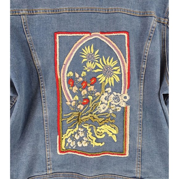 Nygard Jean Jackets Womens Large Blue Floral Embroidered Distressed Button Up - Picture 9 of 13